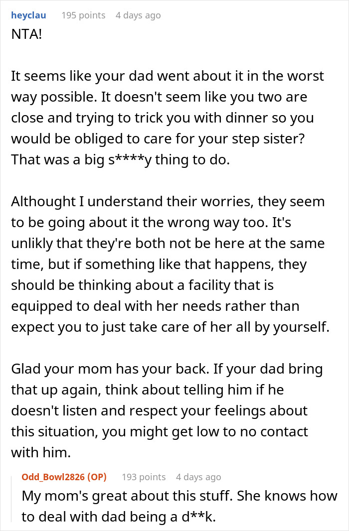 Reddit discussion about a dad&rsquo;s guilt trip over a disabled stepsister, reflecting strong emotions.