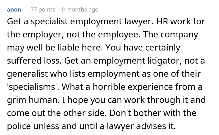 Comment advising woman on employment lawyer after IT guy sabotaged career. Comment advising woman on employment lawyer after IT guy sabotaged career.