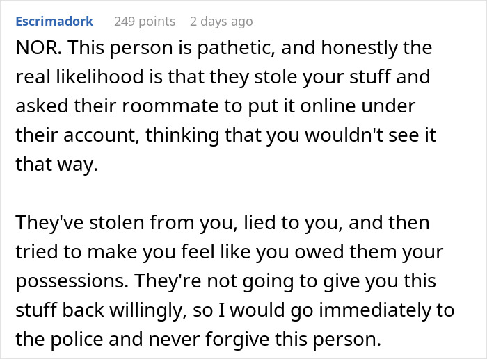 Text comment discussing a roommate who stole items in an apartment, posted online under a different account.