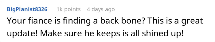 Comment about fianc&eacute;'s decision on wedding dress color to appease his mom.