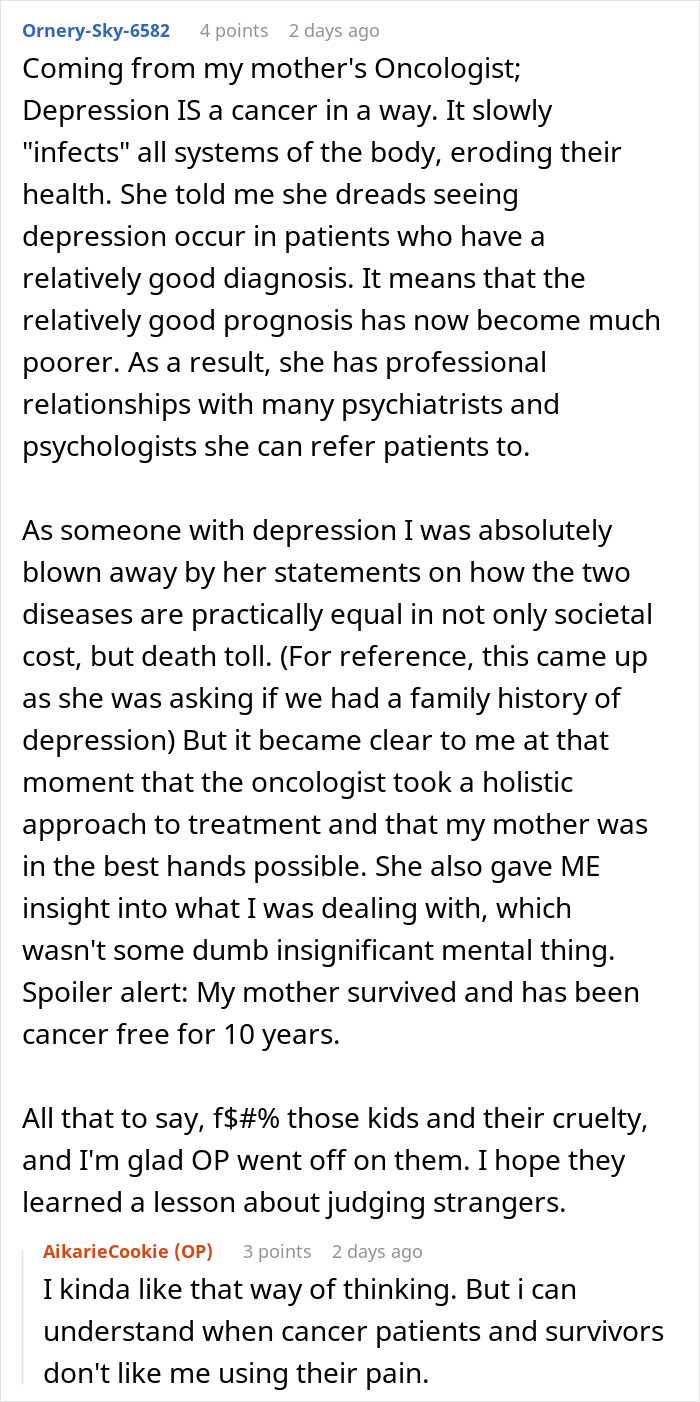 Reddit comment discussing depression as cancer, mentioning kids, cruelty, and judging strangers.