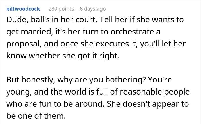 A Reddit comment criticizing someone for worrying about a rejected marriage proposal due to it not being "the right way.