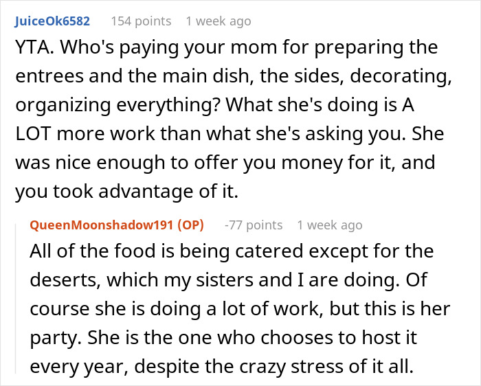 Reddit discussion about daughter charging parents for Christmas cookies and catering preparations. Reddit discussion about daughter charging parents for Christmas cookies and catering preparations.