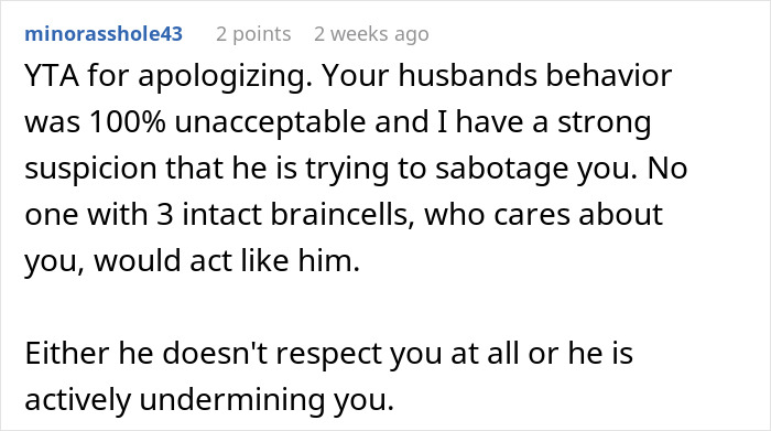 Comment criticizing husband for interrupting wife's critical job test, suggesting disrespect.