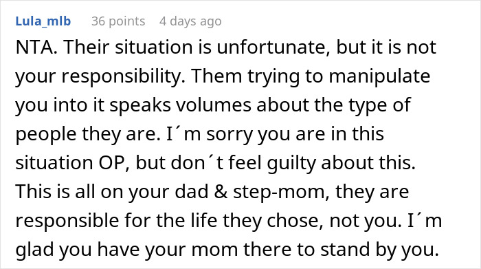 Reddit comment discussing family guilt dynamics over a disabled stepsister.