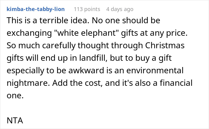 Reddit comment criticizing the high cost and environmental impact of white elephant gifts at Christmas parties. Reddit comment criticizing the high cost and environmental impact of white elephant gifts at Christmas parties.