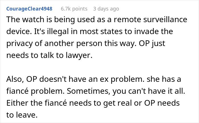 Text discussing the use of a watch as a remote surveillance device, mentioning legality and relationship issues. Text discussing the use of a watch as a remote surveillance device, mentioning legality and relationship issues.