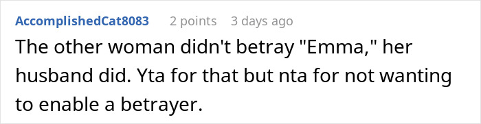 Text comment criticizing husband's infidelity, referencing woman refusing to babysit BFF's kids.