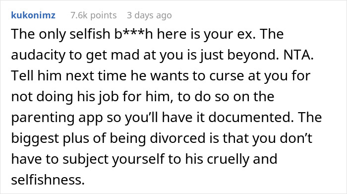 Reddit comment about parenting and divorce under an AITA post regarding an ex's affair child. Reddit comment about parenting and divorce under an AITA post regarding an ex's affair child.
