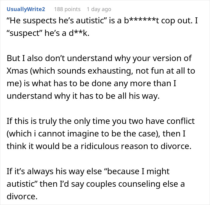 User comment discussing conflict during Christmas and considering divorce.