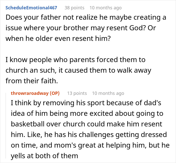 Reddit users discuss family prioritizing sports over church and replacing activities with Bible study, causing tension. Reddit users discuss family prioritizing sports over church and replacing activities with Bible study, causing tension.