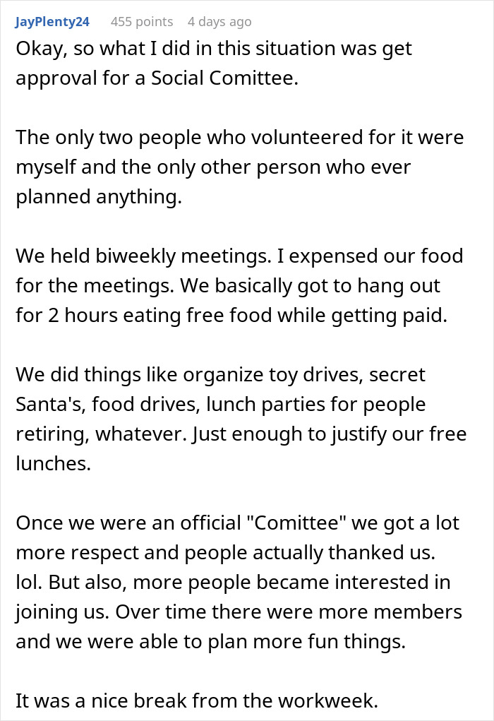 Text post discussing a social committee and organizing events like Secret Santa.