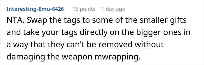 Comment suggesting swapping tags on gifts to prevent removal.