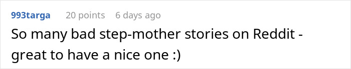 Reddit comment discussing a positive step-mother story amidst many negative ones.
