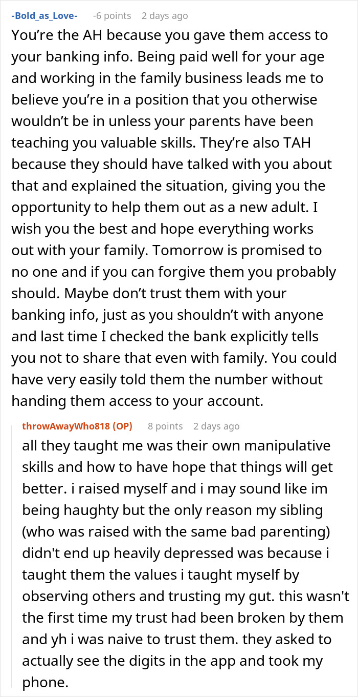 Reddit thread discussing parental expectation of daughter's money and reality check. Reddit thread discussing parental expectation of daughter's money and reality check.