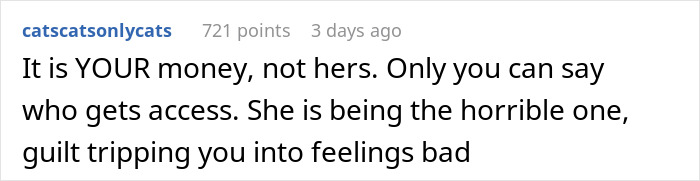 Comment discussing family dynamics and money control in a mother-related financial emergency situation. Comment discussing family dynamics and money control in a mother-related financial emergency situation.