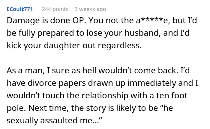 Comment discussing the consequences of a teen lying about her stepdad, suggesting divorce is the best option. Comment discussing the consequences of a teen lying about her stepdad, suggesting divorce is the best option.