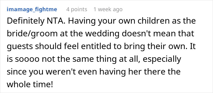 Reddit comment discussing a bride's decision to bring her child to a child-free wedding.
