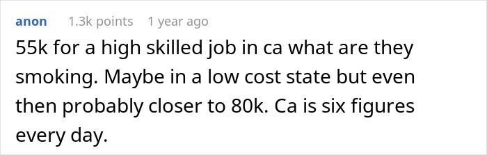 "Comment discussing job expectations and salary, questioning the offered amount for a high-skilled position.