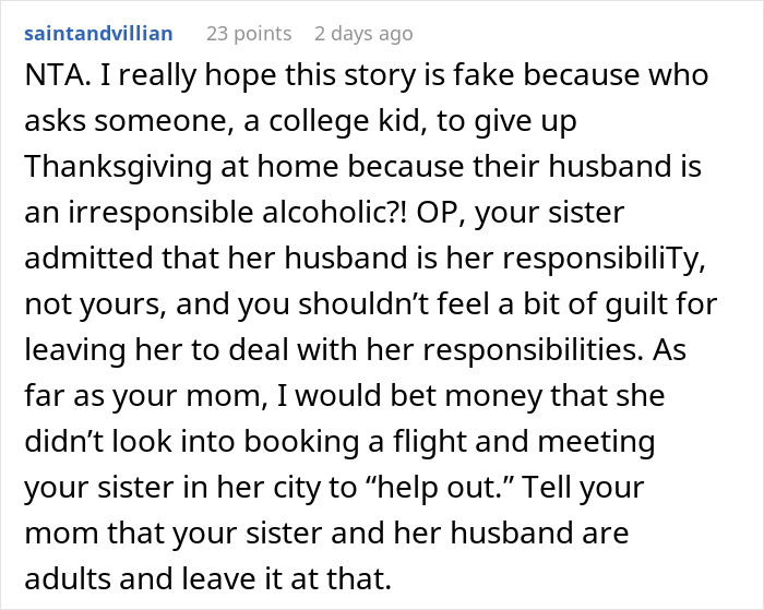 Reddit comment discussing responsibility of dealing with an alcoholic husband and not missing a flight.