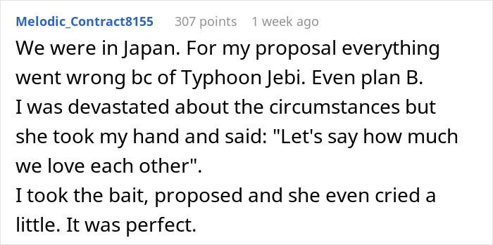 Text post about a proposal in Japan affected by Typhoon Jebi, ending with a perfect outcome.