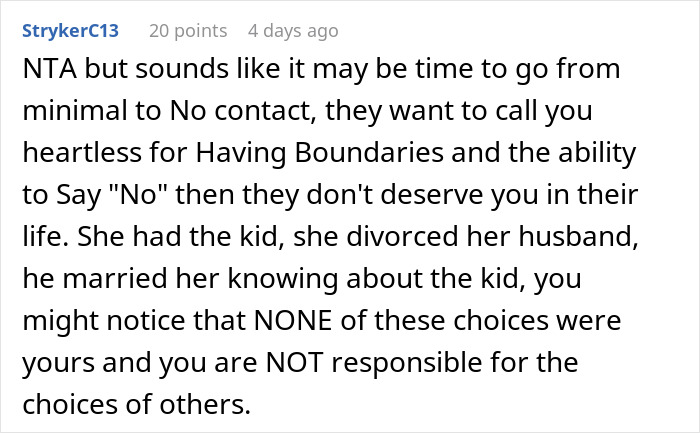 Text response discussing boundaries and family responsibilities related to Dad's guilt trip over a disabled stepsister.