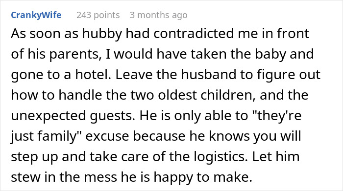 Text comment discussing family drama during an unplanned visit by in-laws.