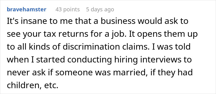 Reddit comment discussing job discrimination claims related to tax return requests during hiring.