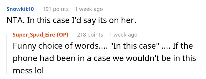 Reddit comments discussing a smashed phone situation involving a toddler and a MIL. Reddit comments discussing a smashed phone situation involving a toddler and a MIL.