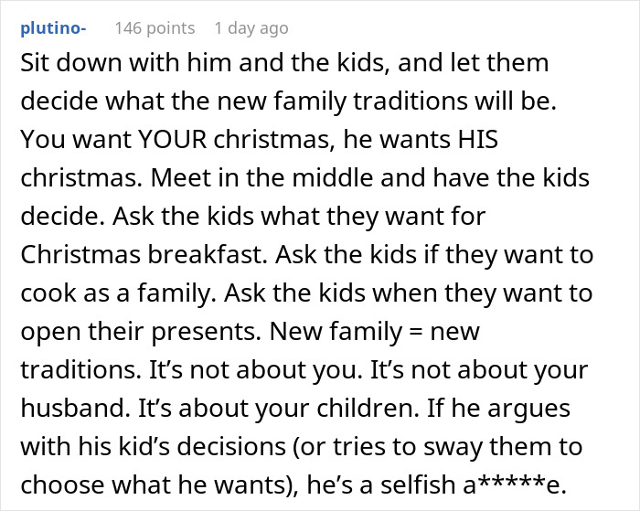 Text advice on resolving Christmas traditions conflict in a family setting.