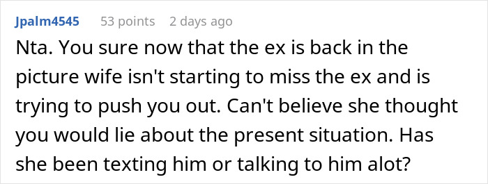 Reddit comment questioning if a wife is missing her ex, suspecting she doubts her husband's honesty.