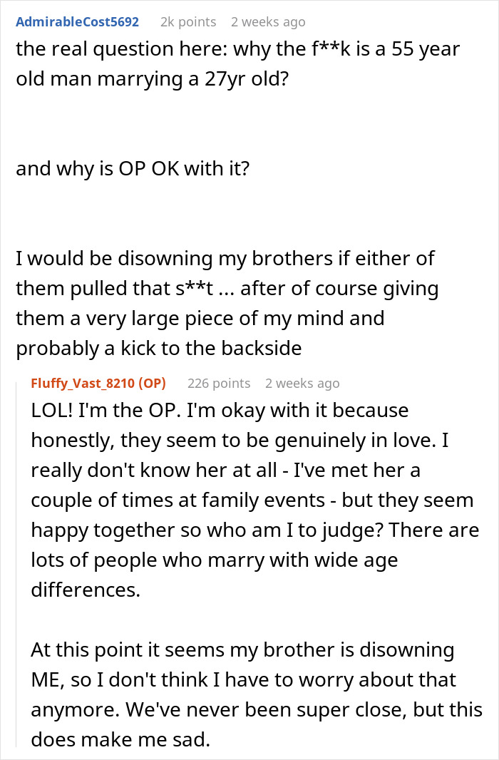 Reddit thread discussing age gap marriage and disapproval, featuring user comments.