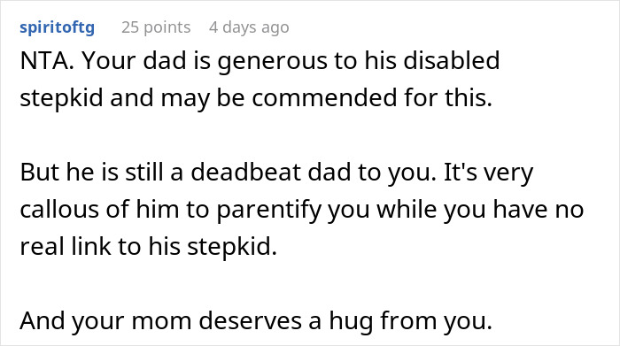Text post discussing a dad's behavior towards his teen and disabled stepsister.