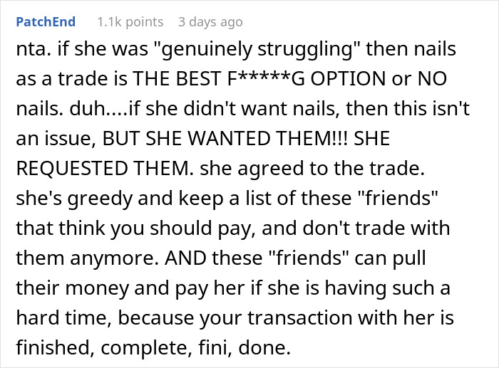 Text post discussing a disagreement over trading services in a friend group. Text post discussing a disagreement over trading services in a friend group.