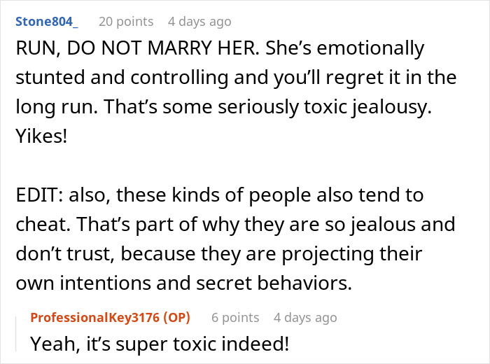 Screenshot of a forum discussion about toxic jealousy involving a fiancé's demand to sell a car. Screenshot of a forum discussion about toxic jealousy involving a fiancé's demand to sell a car.