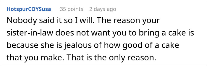 Text on screen from Reddit user HotspurCOYSusa discussing sister-in-law's jealousy over cake-making skills.