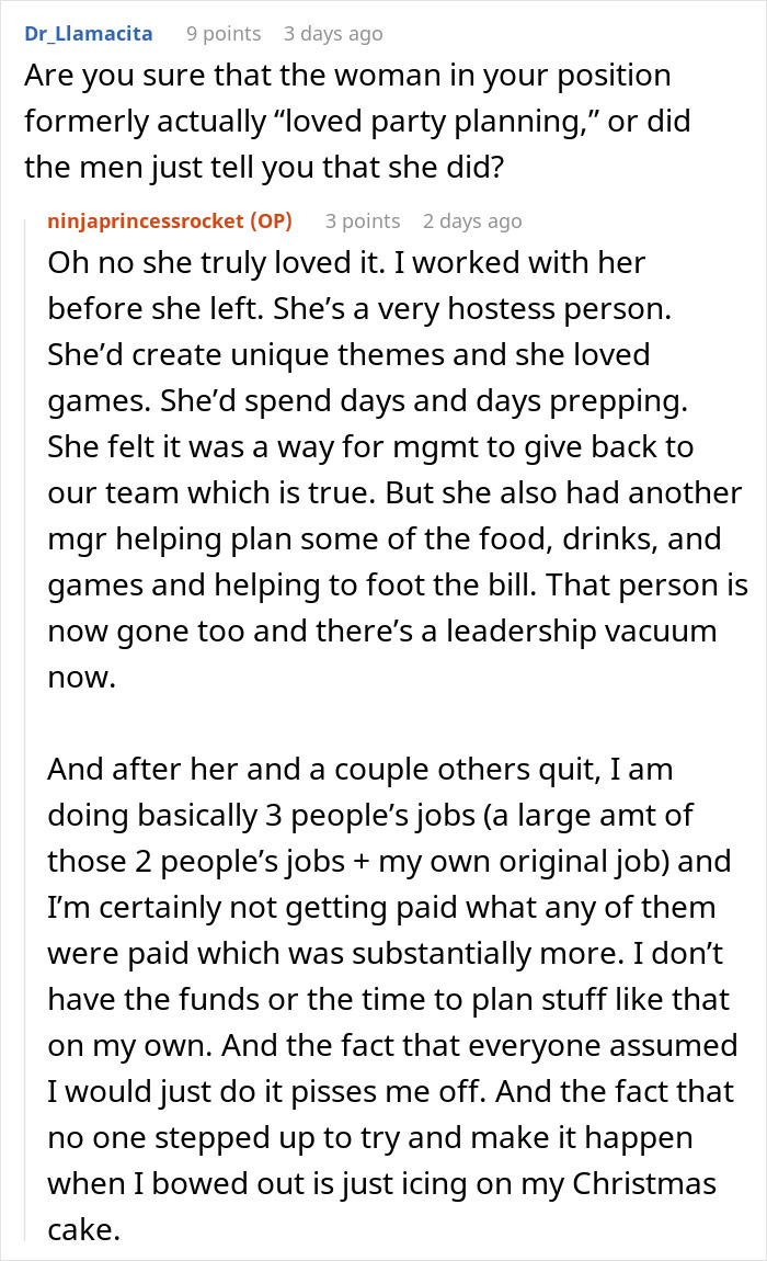 Reddit discussion about women and office Christmas party planning, highlighting leadership and gender roles.