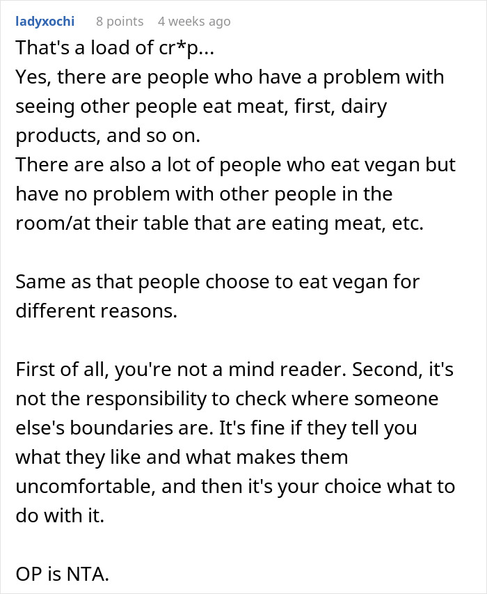 Comment discussing reactions to eating meat burgers around vegans.