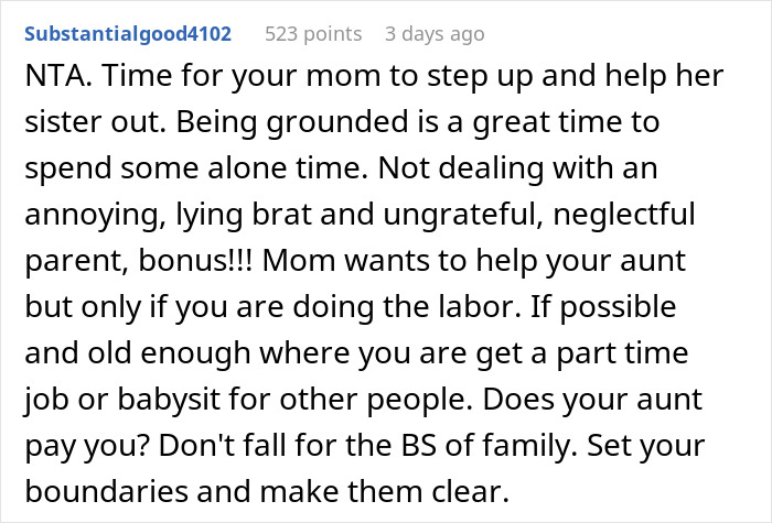 Reddit comment responding to a teen refusing to babysit a difficult cousin, calling the cousin a lying brat.