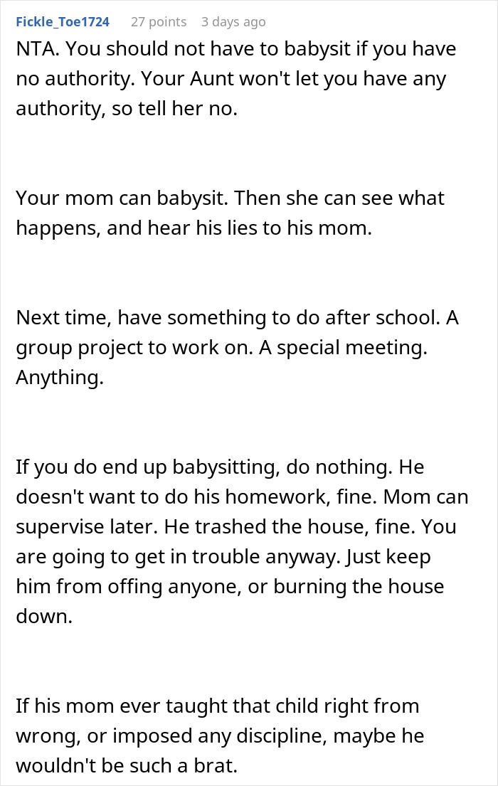 Text response expressing frustration about babysitting a difficult cousin.