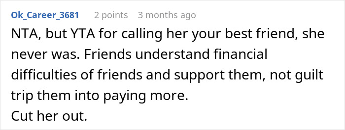 Reddit comment discussing someone's decision to skip a best friend's wedding due to gift expectations.