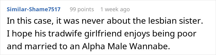 Reddit comment discussing family issues related to a husband's refusal to have kids around their gay aunt.