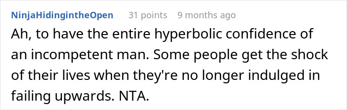 Reddit comment criticizing an incompetent man's confidence in a discussion about babysitting.