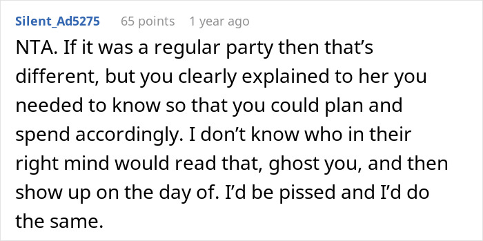 Text from a Reddit post about a costly birthday party issue and RSVP expectations.