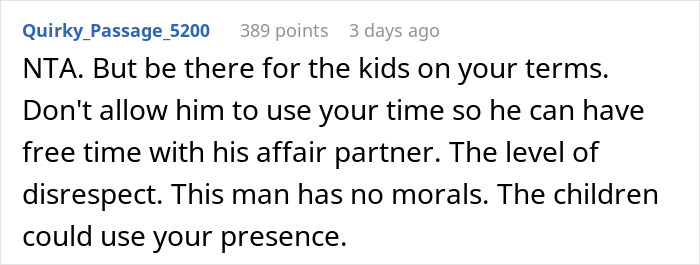 Reddit comment about woman refusing to babysit deceased friend&rsquo;s kids due to husband&rsquo;s infidelity.