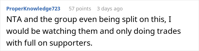 Reddit comment discussing a dispute over trading services and group support dynamics. Reddit comment discussing a dispute over trading services and group support dynamics.