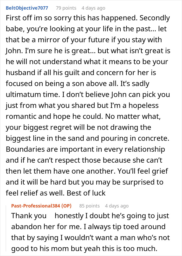Reddit comment discussing relationship advice on fianc&eacute;'s white wedding dress request for his mom's comfort.
