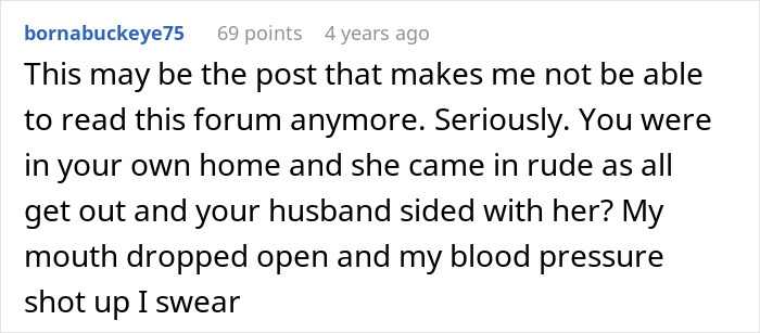 Text comment about MIL arriving unannounced and causing tension in the household.