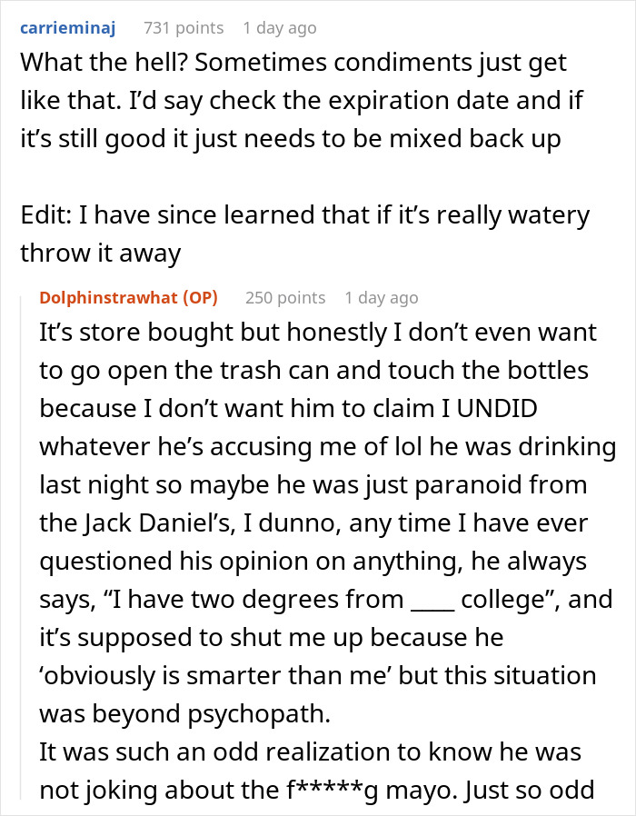 Reddit comments discussing a boyfriend accusing his girlfriend of altering mayonnaise consistency.