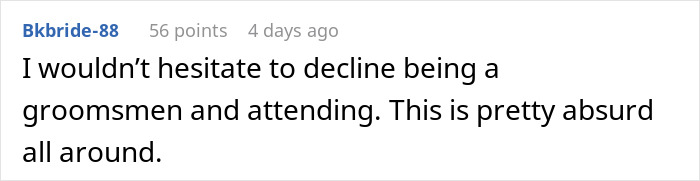 Comment discussing groomsman struggles at an expensive destination wedding. Comment discussing groomsman struggles at an expensive destination wedding.